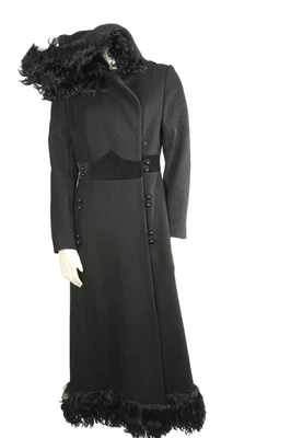Vintage 60s 70s Coat Sears Black Long Fur Trim Hooded Elegant Gothic Rare XS - Image 1 of 4