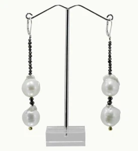 Meher's Jewelry 3" SS 73ct Baroque Pearl & Black Diamond Rough Bead Drop Earring - Picture 1 of 2