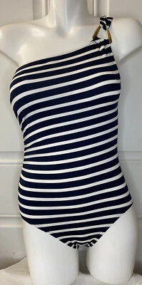 TRAJE DE BAÑO MICHAEL KORS RAYAS FRUNCIDO UN HOMBRO MAILLOT NUEVO AZUL MARINO BLANCO TALLA 6 Foto 1 de 4