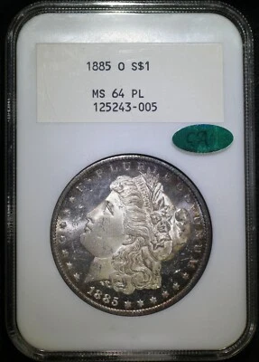 Dólar de plata O Morgan 1885 NGC 2,0 MS64PL CAC camafeo fuerte soporte de etiqueta blanca Foto 1 de 2