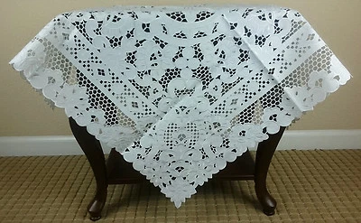 White Embroidered Full Cutwork 33" Square Embroidery Tablecloth Wedding Bridal - Image 1 of 4
