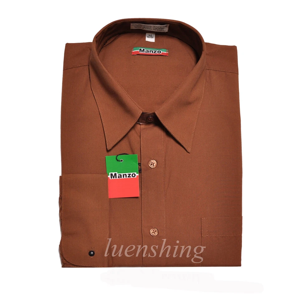 Nuevo Hombre Camisa Vestido Formal Manga Larga Puño Francés Cuello Punta Marrón Fiesta Foto 1 de 3