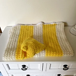 New Handmade Crochet Beige, White, and Yellow Stripe Baby Blanket w Hat crib - Picture 1 of 7