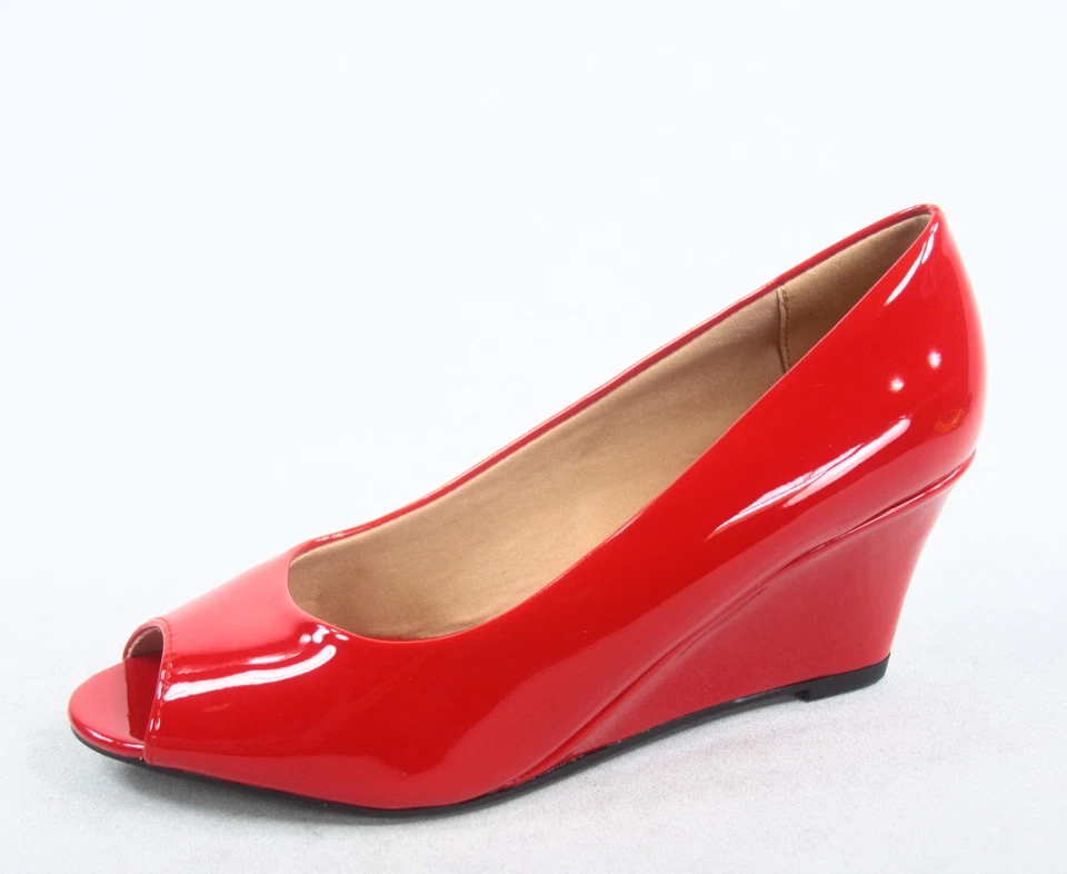 NEW Women's Patent Open Peep Toe  Low Wedge Heels Pump Sandal Shoes Size 5 - 10 - Image 1 of 1