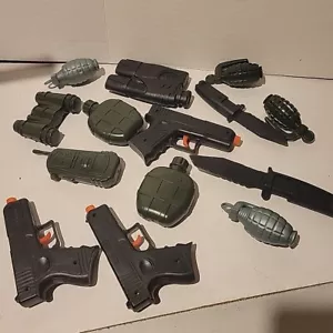 14 Pc Play Army Toys Hand Grenades, Pistols, Knives, Canteens, Binocs, Walkie  - Picture 1 of 5