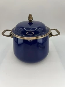 Vintage Cookware Blue Enamelware Brass NEWCOR SCULPTURE Spain Stock Covered Pot - Picture 1 of 10