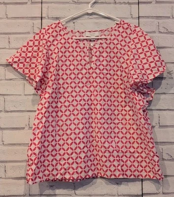 Blusa de lino Charter Club de lujo para mujer talla L blanca rosa geométrica cuello de cerradura Foto 1 de 4