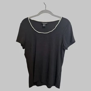 Rachel Zoe Faux Pearl Trim Ribbed Short Sleeve Top Bohemian Chic Quiet Luxury L - Picture 1 of 7