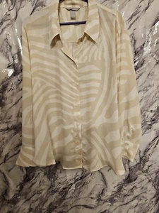 H&M Zebra Print Button Down Blouse Long Sleeved Sheer Size XXL Beige White - Picture 1 of 5