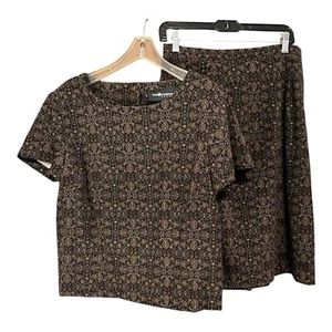 Vintage Sag Harbor Matching Set Knee Length Skirt Top Brown Black Paisley 16 - Picture 1 of 12