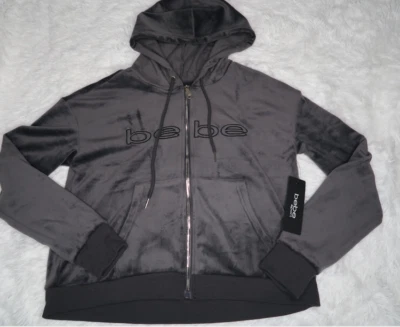 Sudadera con capucha Bebe para mujer de felpa a rayas con logotipo y cremallera gris carbón BB2338C talla mediana Foto 1 de 4