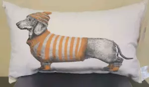 Decorative Pillow Dachshund in Orange Striped Sweater/Knit Cap/Boots 22" x 13" - Picture 1 of 12