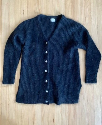 Vintage Black Mohair Fuzzy Cardigan Sweater Jacket L Large - Image 1 of 4