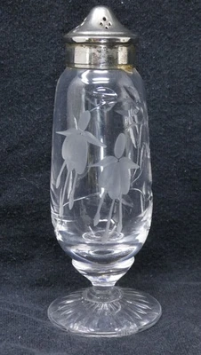 Stuart Crystal Salt Pepper Sugar Shaker Silver Plated Top Engraved Fuchsia - Image 1 of 4