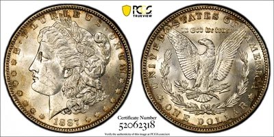 MORGAN SILVER DOLLAR 1887/6 PCGS MS 62 STUNNING RARE BEAUTY NICE ORIGINAL LOOK - Image 1 of 2