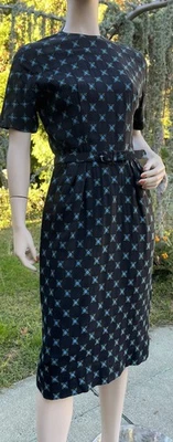 VINTAGE 1950's JEANNE DARC BLACK COTTON SHEATH DRESS W/ BLUE FLORAL EMBROIDERY - Image 1 of 4