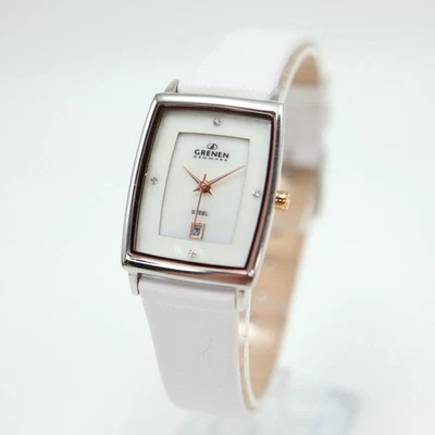 Reloj Mujer Grenen Dinamarca 23mm MOP Barril Fecha Cuero Blanco con Batería Nueva Foto 1 de 4