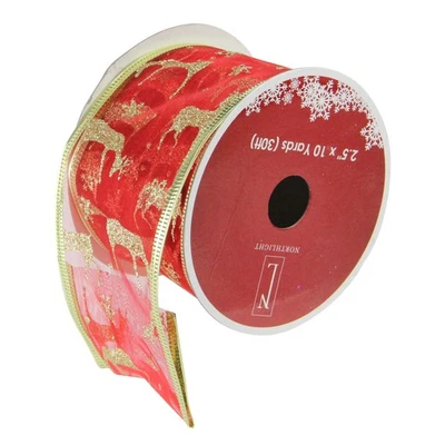 Northlight 12 Red and Glitter Gold Reindeer Wired Christmas Ribbon Spools - Image 1 of 3