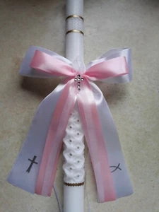 Tropfschutz Rosa Kerzenschleife,Kerzenschmuck,Taufe,Kommunion,Fisch,Kreuz - Bild 1 von 6