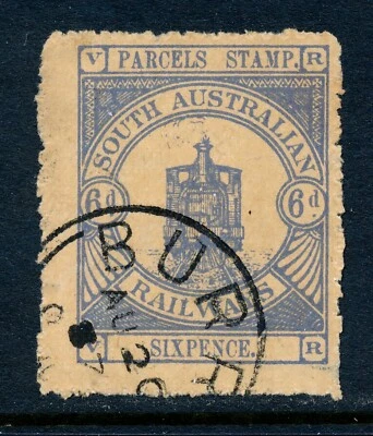 1885 Australia del Sur, sello de paquete de ferrocarriles, 6d, cancelación de la estación de Burra Foto 1 de 4