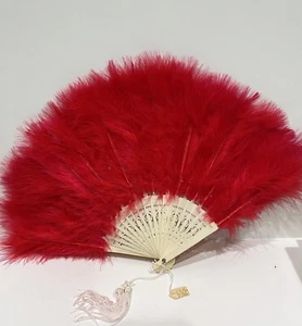 Antique Red Ostrich Feather Folding Hand Fan with Celluloid Handle 11”x18” - Picture 1 of 8