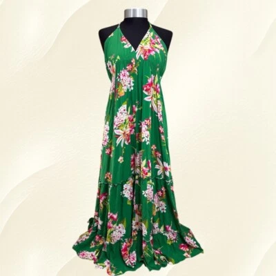 Maxi Vestido Express Halter Verde Floral Sin Mangas Bohemio 100% Rayón Talla Pequeña Foto 1 de 4