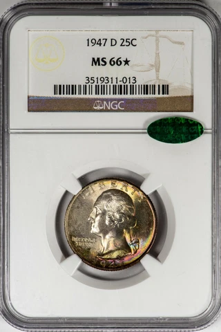 1947-D 25C Washington Quarter NGC MS66*  CAC-Verified, Rich Rainbow Toned Rim! Cover