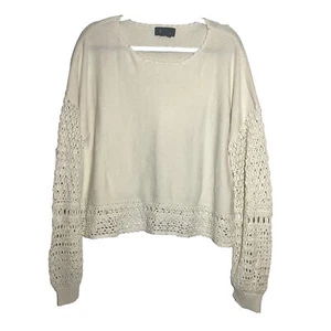 Anthropologie Woman’s Size Large Ivory Hillary sweater Crochet Sleeve/Bottom Hem - Picture 1 of 13