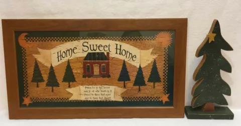 Home Sweet Home Wall Hanging Picture & Wooden Pine Tree Figurine Lot 2 Rustic Cover