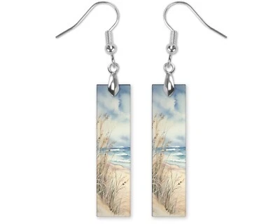 Pendientes, Playa Dunas Estampado Costero Barra Madera Impreso Pendientes Joyería Foto 1 de 4