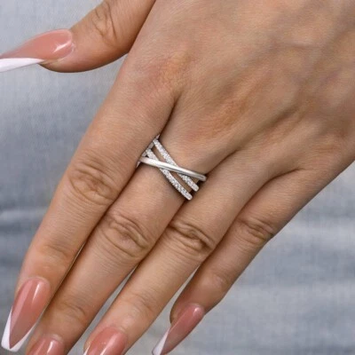 0.80 CTW Round Moissanite Half Eternity Criss Cross Band 14K White Gold Plated - Image 1 of 4
