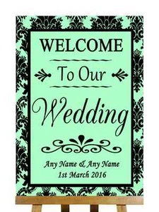 Mint Green Black Damask Welcome To Our Personalised Wedding Sign - Picture 1 of 8