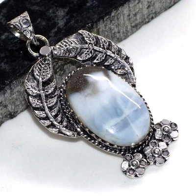 Classy Owhyee Blue Opal 925 Silver Plated Leaf Gemstone Pendant 2.2" JW - Image 1 of 3