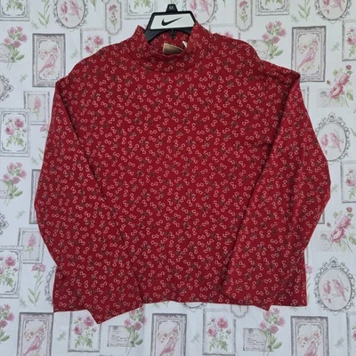 Vintage 90s Red Turtleneck Shirt Holly Berry Cardinal Bird Holiday Christmas  XL - Image 1 of 4