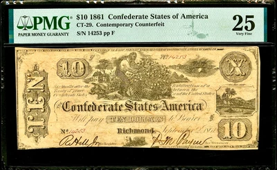 Sept 1861 Confederate States of America $10 Banknote Counterfeit CT-29 PMG VF25 - Image 1 of 2