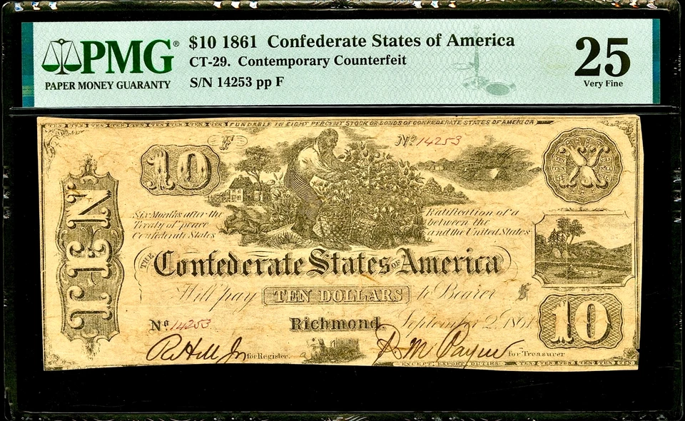 Sept 1861 Confederate States of America $10 Banknote Counterfeit CT-29 PMG VF25 - Image 1 of 2