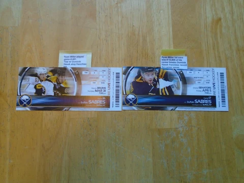 2 Ryan Miller Tickets    Game # 491 Ties Hasek atop franchise + save # 13,909 Cover