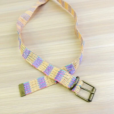 Vintage Woven Stripe Belt Womens Small Pink Blue Natural Straw Eco Boho Holiday - Image 1 of 4