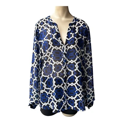 INC Blouse Top Chiffon Blue White Geometric Print Women's Size 12 Long Sleeves - Image 1 of 4