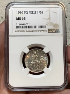 1916 FG PERU 1/5 SOL NGC MS63 BEAUTIFUL SILVER - Combined shipping! S090 - Picture 1 of 12