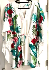 LA LEELA Women's Plus Size Kaftan Swimwear Cover Up Swimsuit White Floral NWT - Picture 1 of 4