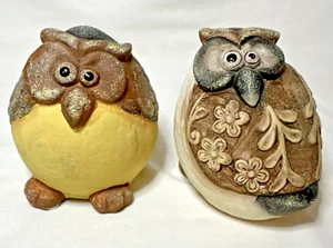 TWO Fat Owl Figurines 4" Ceramic Folk Art Country Decor Google Eyes - Picture 1 of 9