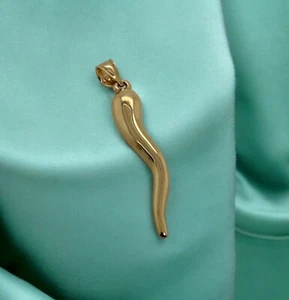14K Real Yellow Gold Italian Horn Charm Pendant Large - Picture 1 of 3
