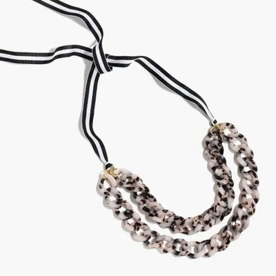 J. Crew || Double Strand Tortoise Acrylic Necklace Striped Grosgrain Ribbon - Image 1 of 4