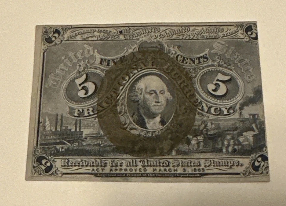 1863 5 Cent Fractional Currency Error Reverse Misaligned Printing AU 1232 - Image 1 of 2
