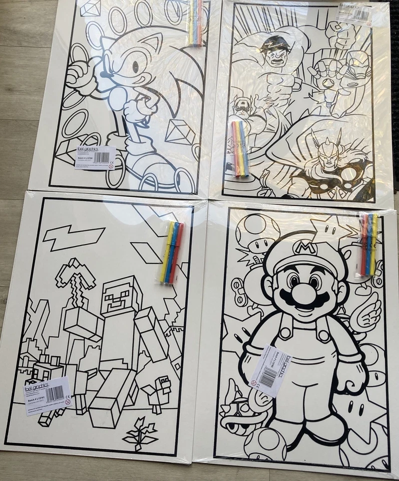 4 Large Velvet Colouring Picture Boards 58 x 38 cm;Sonic,Spider-Man,Avengers,Bat - Image 1 of 1