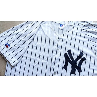 New York Yankees 90s RUSSELL jersey T-shirt "XL" M white Pinstripe MLB vintage - Image 1 of 4