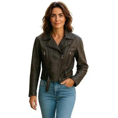 Patricia Wolf Talla XS Marrón Cuero Asym Cremallera Hebilla Moto Chaqueta Western Boho Foto 1 de 4