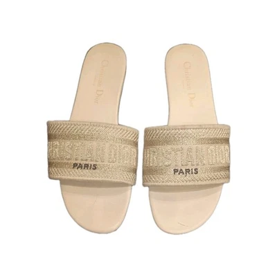 Christian Dior Women's Dway tan Gold Flat Slide Sandals sz 8 38 - Image 1 of 4