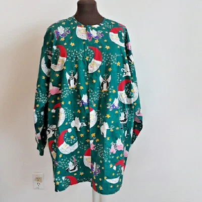 Cotton Scrubs & Co Long Sleeve Jacket Green Xmas Santa Moon & Animal Angels Sz L - Image 1 of 4
